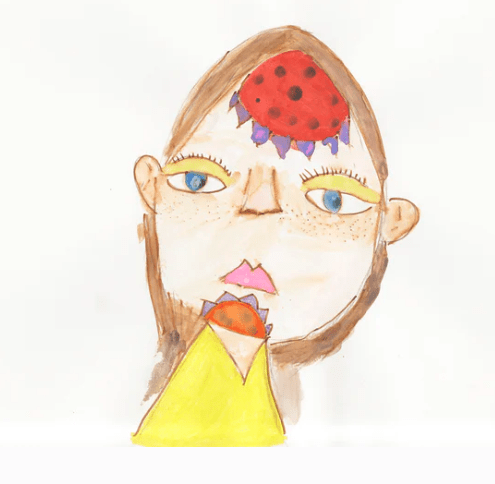 a portrait of a person with a strawberry-like shape on their forehead and a similar shape on their chin. Heavy-lidded blue eyes, yellow shirt, pale skin, brown hair tucked behind prominent ears. They lean slightly to the right.